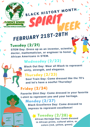 Image of a flyer for Black History Month Spirit Week February 21st - 28th